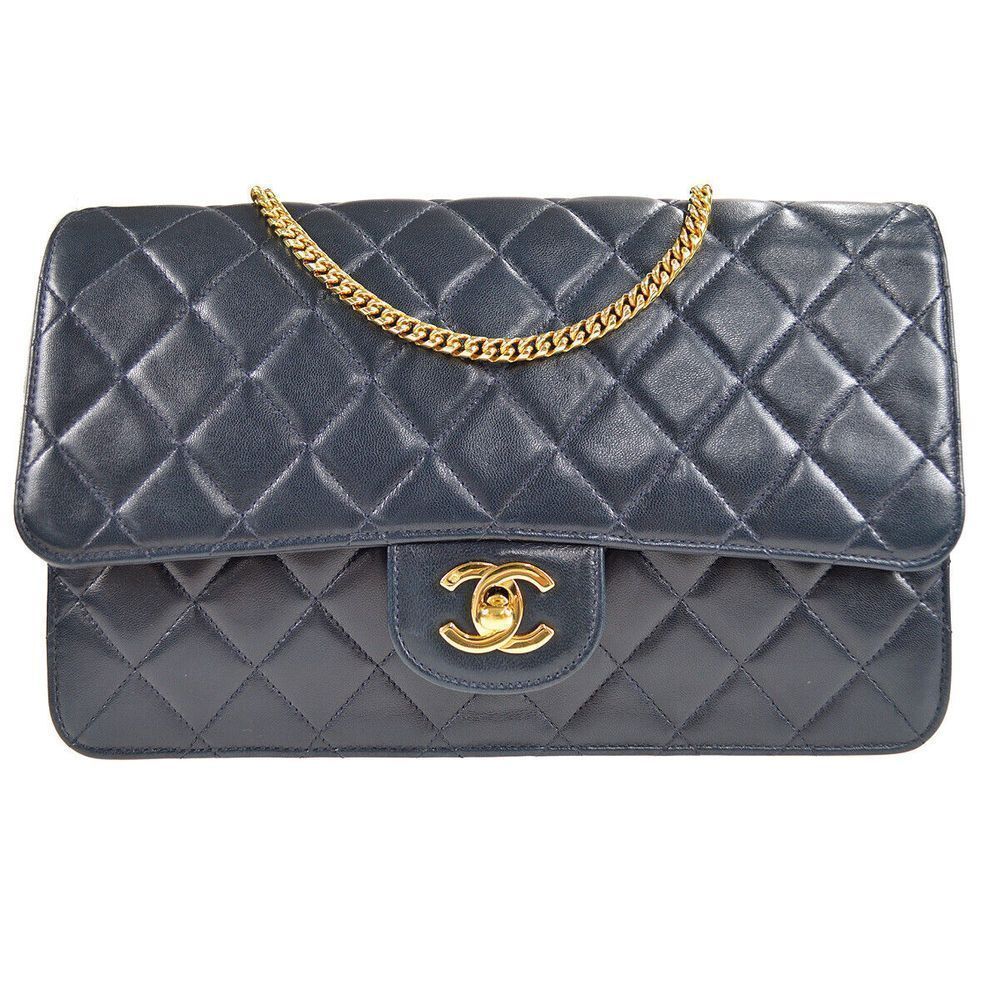 Chanel Classic Single Flap Medium Shoulder Bag Navy Lambskin